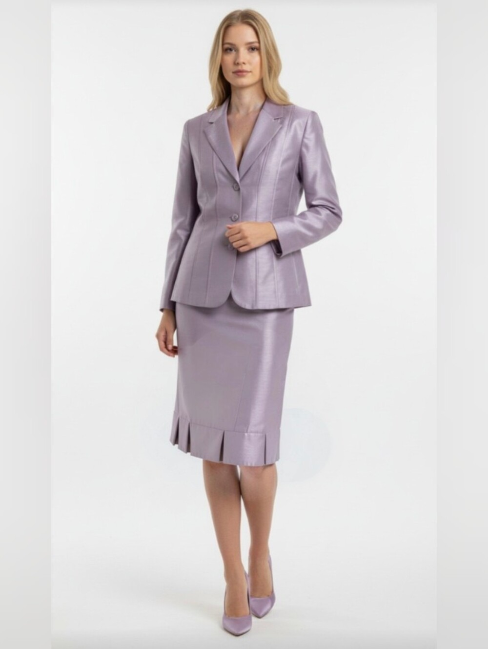 NINA MASSINI! LAVENDER PURPLE SATIN 2 PC JEWELED BUTTON SKIRT, JACKET SUIT! 10 - Picture 15 of 15